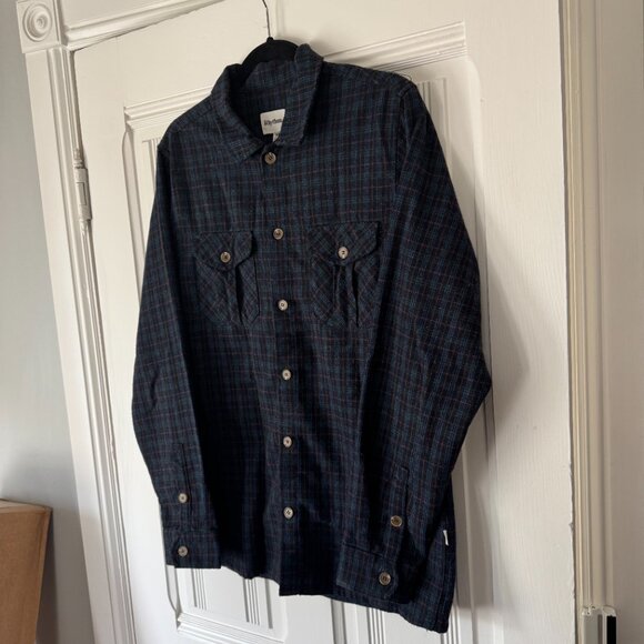 Rhythm Shirt Mens Medium Blue Brown Plaid Flannel Button Down Casual New - Picture 2 of 8